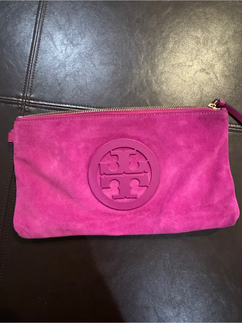 Tory Burch Fuchsia Suede Wristlet Clutch with Logo Medallion